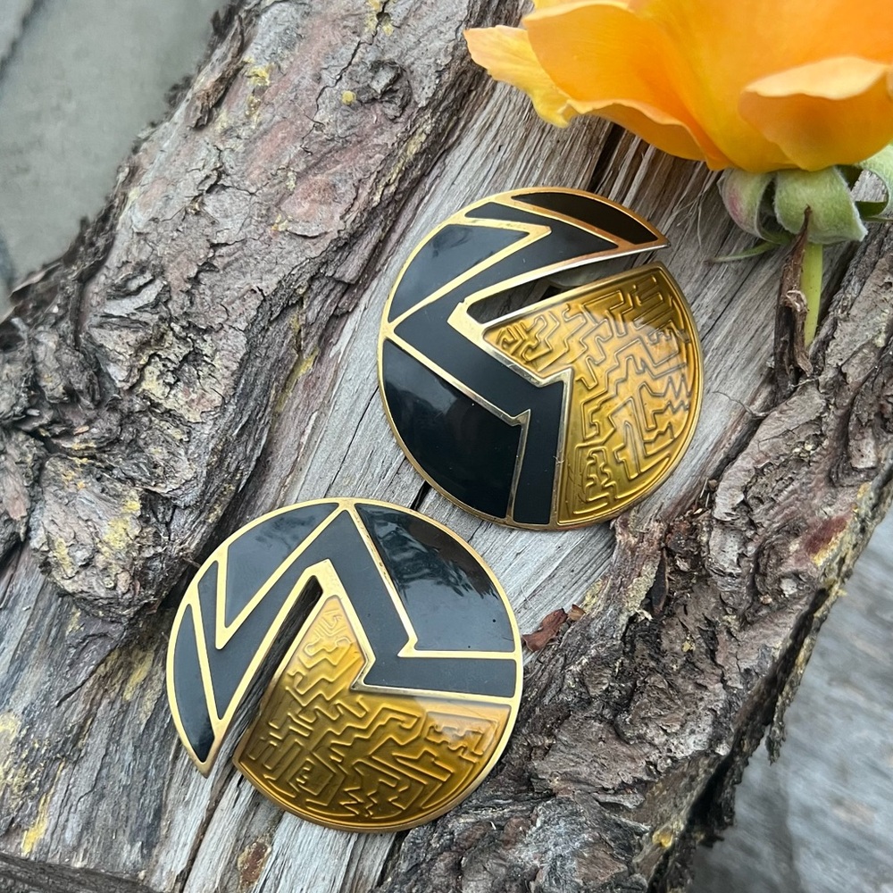 Gold and Black Geometric Enamel Clip-On Earrings - Designer Style